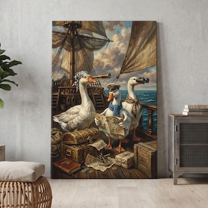 May include: A vertical wall art print depicting three geese on a wooden ship deck. One goose wears a headscarf and uses a telescope, another wears a captain's hat and scarf while holding a map, and the third uses binoculars. Treasure chests and crates surround them.