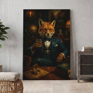 Fox Wall Art, Dapper Fox Portrait Canvas Print, Dark Academia Decor, Gentleman Fox With Whiskey, Moody Library Art, Study Room Wall Decor