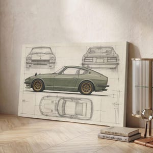 May include: A canvas print featuring a technical blueprint illustration of a vintage sports car in olive green. The artwork displays the vehicle from the front, rear, side, and top profiles, complete with detailed grid lines and architectural drafting marks.