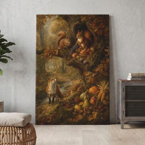 May include: A vertical wall art print depicting an autumn forest scene with a fox standing near a stream, two squirrels in a tree hollow, and an abundance of harvested fruits, vegetables, and nuts scattered around the base of the tree.