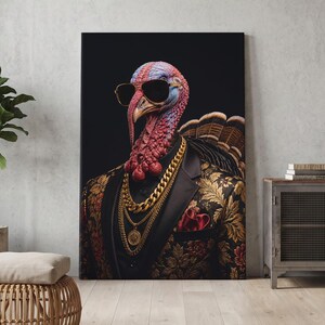 Divertido cuadro de pavo para pared, elegante impresión en lienzo de pavo, retrato de ave genial, decoración de Acción de Gracias, arte de pavo arreglado, póster de animales de granja hipster