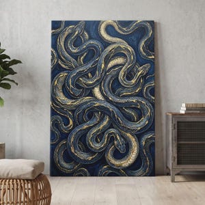 May include: A rectangular wall art print featuring a dense, intricate pattern of multiple snakes intertwined against a deep navy blue background. The snakes are rendered in shades of dark blue with prominent, shimmering gold-coloured scale highlights.