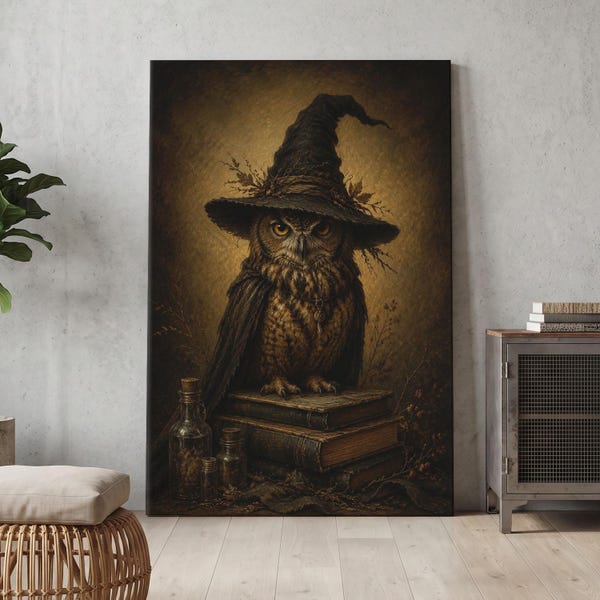 Obraz na płótnie z sową czarownicą, sztuka ścienna w stylu vintage Dark Academia, ponura gotycka sowa czarodziejka, upiorna dekoracja książki o magii, dekoracja ścienna do pokoju Whimsigoth