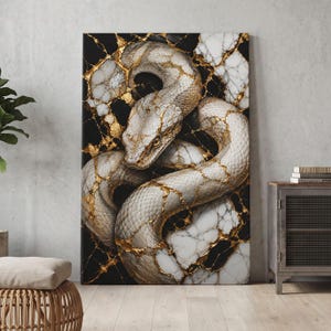 May include: A rectangular wall art print featuring a coiled snake with textured scales. The snake is set against a background of black and white marble patterns, with intricate gold veins running through the stone and across the snake's body.