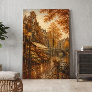 Amsterdam Canal Canvas Print, Cozy Autumn Cityscape Wall Art, Vintage European Street Scene, Flower Shop Bicycle Decor, Warm Fall Artwork