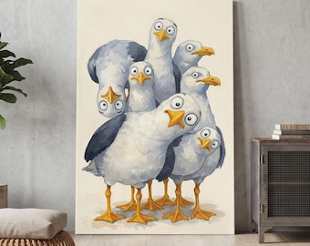May include: A vertical canvas print featuring a group of six cartoon seagulls with white and gray feathers, yellow beaks, and wide eyes. The birds are clustered together, with some looking forward and others tilted, set against a cream background.