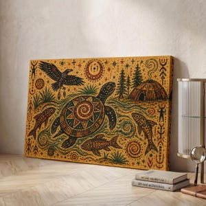 May include: A rectangular canvas print featuring a golden-yellow background with intricate illustrations of a central turtle, a soaring eagle, three fish, a domed structure, pine trees, and celestial symbols including a crescent moon and stars.