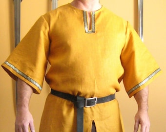 Medieval Celtic Viking Norman Shirt Mid-Arms Sleeves with Trims Size M in Yellow Ready to Ship.