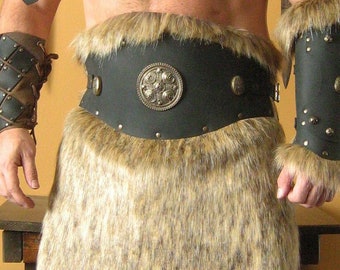 Medieval Celtic Viking Barbarian Leather Belt Deluxe with Fur Skirt