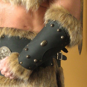 Medieval Armor Barbarian Gladiator SINGLE Long Leather Bracer with Fur