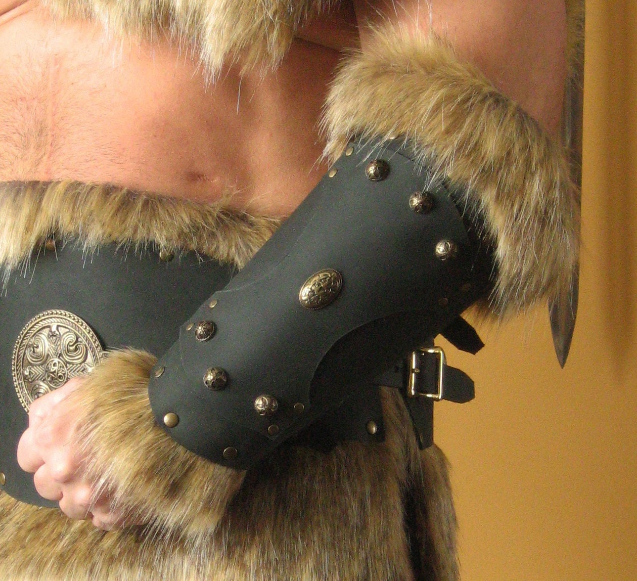 Viking Leather Bracer with Fur, Black