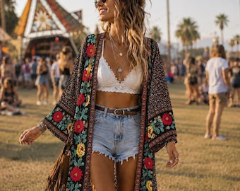 Cardigan kimono floreale in stile boho – Coprispalle leggero perfetto per i festival