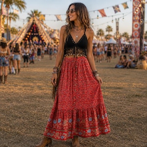 Boho Blommig Maxikjol – Flerstegsmodell, Resår i Midjan, Festival, Strandsemesterstil