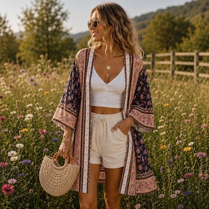 Könnte beinhalten: Ein weißes bauchfreies Oberteil mit V-Ausschnitt, eine beige Shorts mit Kordelzug und ein langärmeliger Kimono mit offenem Vorderteil, der ein dunkelblaues und rosafarbenes Blumenmuster mit vertikalen Streifen aufweist. Eine runde Strohtasche.