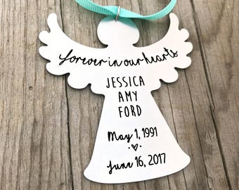 Personalized Memorial Ornament - Angel Ornament - Forever in our Hearts Memorial - Memorial Angel Keepsake - Christmas Ornament Gift - 1435