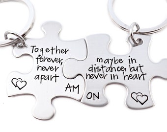 Together Forever, Never Apart - Maybe In Distance but Never in Heart - Puzzle Piece Key Chain Set of 2 - Engraved - Valentine's Day - 1073