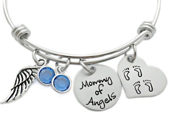 Personalized Mommy of Angels Footprint Bangle - Engraved Jewelry - Miscarriage Memorial Bracelet - Twin Miscarriage - Twin Angels - 1322