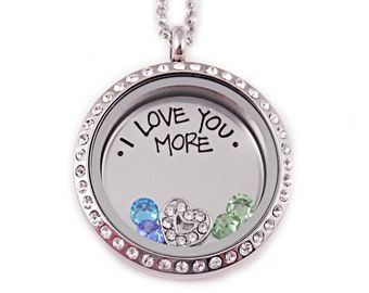 Personalized I Love You More - Engraved Stainless Steel - Memory Locket - Floating Charms - Mother's Day - Floating Charm Locket - 1223