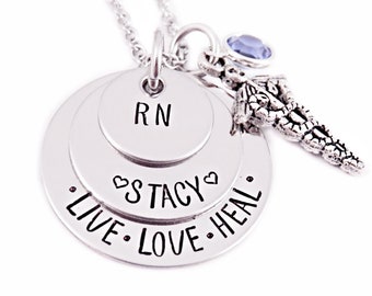 Personalized RN Nurse Necklace - Nurse Gift - Nursing Graduation - Engraved Stainless Steel - RN Necklace - Live Love Heal - Layered - 1236