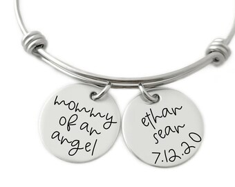 Personalized Mommy of An Angel Bangle Bracelet - Engraved Jewelry - Miscarriage Memorial Bracelet - Twin Miscarriage - Twin Angels - N1042