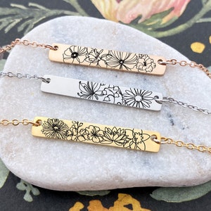 Birth Month Flower Bar Necklace - Personalized Birth Flowers - Mother's Day Gift - Floral Birth Necklace - Grandma Jewelry Gift - N1333