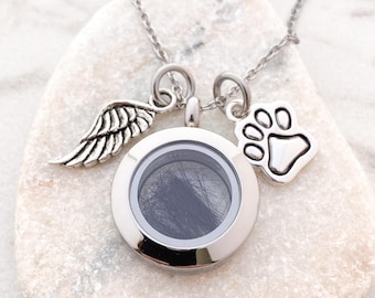Personalized Pet Fur Locket - Dog Cat Memorial Necklace Glass Locket - Lock of Hair Keepsake Jewelry - Pet Hair Memorial Gift - N1366