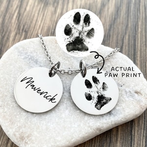 Custom Paw Print Necklace with Pet&#39;s Name - Actual Dog Paw Print Jewelry - Pet Loss Memorial Keepsake Engraved Memory Necklace Gift - N1329