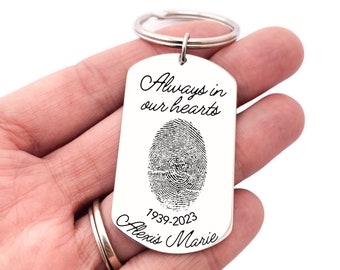 Personalized Thumbprint Memorial Keychain - Always in Our Hearts - Name, Date, Fingerprint Keepsake - Personalized Engraved Keychain - N1295