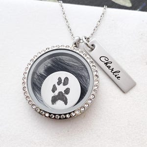 May include: A silver-colored memorial necklace with a clear, round pendant. Inside the pendant is a paw print on a white circle and dark fur. A small rectangular tag with the name "Charlie" hangs next to the pendant.