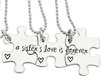 A Sister's Love Is Forever Puzzle Piece Necklace Set - Sister Set - Sister Colliers - Sister Jewelry - 3 Best Friend Necklace - 1350