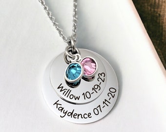 Two Layer Name, Birthdate, & Birthstone Necklace - Custom Engraved Jewelry for Mom - Personalized Mother's Day Gift For Grandma - N