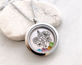 Birth Month Flower Bouquet Locket Necklace - Personalized Birth Flower Floating Locket - Mother's Day - Floral Birthstone Necklace - N1337