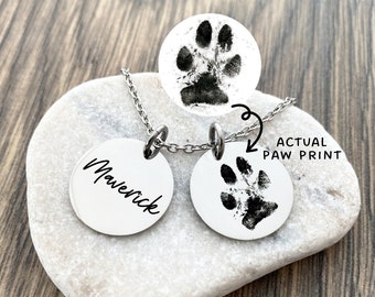 Custom Paw Print Necklace with Pet's Name - Actual Dog Paw Print Jewelry - Pet Loss Memorial Keepsake Engraved Memory Necklace Gift - N1162