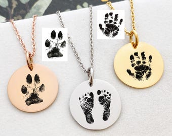 Actual Footprint Handprint Engraved Necklace - Dog Paw Print - Nose Print - Custom Fingerprint Jewelry - Memorial Jewelry Gift for Her  1075