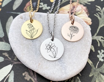 Birth Month Flower Disc Necklace - Personalized Birth Flowers - Mother's Day Gift - Floral Birth Necklace - Grandma Jewelry Gift - N1332