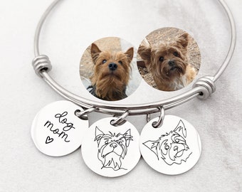 Dog Mom Mother's Day Bracelet - Custom Pet Outline Portraits from Photo - Single Line Dog Cat Drawing Jewelry - Engraved Bangle - N1321