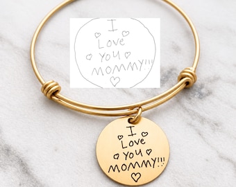 Gold Child's Handwriting Charm Bracelet - Personalized Bangle - Kids Artwork Jewelry - Handwritten Note Keepsake - Mother's Day Gift - 1008