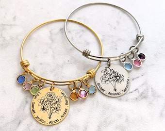 Birth Flower Bouquet Bracelet Names & Birthstones - Personalized Birth Flower Month Bangle - Floral Mother's Day Gift for Mom - N1338