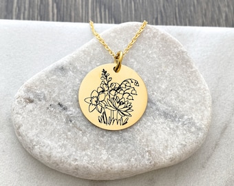 Gold Birth Month Flower Bouquet Necklace - Personalized Floral Birth Month Flowers - Discreet Miscarriage Memorial Necklace - N1331