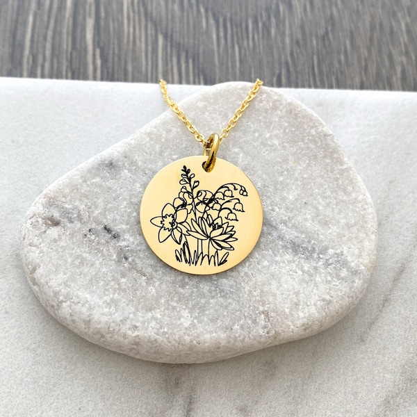 Gold Birth Month Flower Bouquet Necklace - Personalized Floral Birth Month Flowers - Discreet Miscarriage Memorial Necklace - N1331