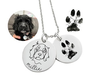 Custom Pet Portrait Outline & Paw Print Name Necklace - One Line Dog Cat Drawing Jewelry - Pet Loss Memorial Keepsake Pawprint - N1320