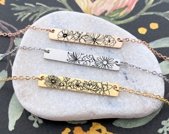 Birth Month Flower Bar Necklace - Personalized Birth Flowers - Mother's Day Gift - Floral Birth Necklace - Grandma Jewelry Gift - N1333