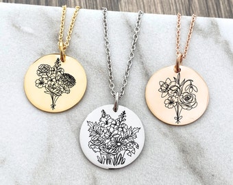 Birth Month Flower Bouquet Necklace - Personalized Birth Flowers - Mother's Day Gift - Floral Birth Necklace - Grandma Jewelry Gift - N1331