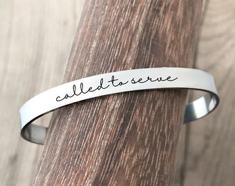 Cursive Called To Serve Missionary Bracelet - LDS Jewelry - Stainless Steel Silver Cuff Bracelet - Mormon Missionary Gift Keepsake - N1307