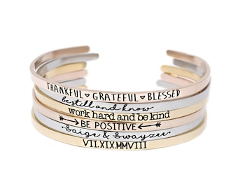Personalized Cuff Bracelet - Inspirational Bangle Bracelets - Motivation - Skinny Cuffs - Hand Stamped Stacking Bangle - Be Kind - 1183