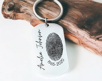 Personalized Thumbprint Memorial Keychain - Engraved Dog Tag Memorial Keepsake - Name, Date, Fingerprint - Personalized Keychain - N1293