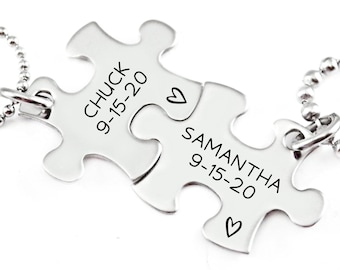 Personalized Couple Puzzle Piece Set - Engraved Jewelry - Personalized Anniversary Gift - Name Date - Puzzle Jewelry Set - For Him - N1131