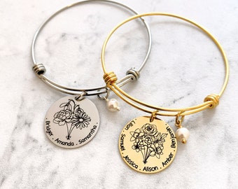 Birth Flower Bouquet Bangle Bracelet with Custom Names - Personalized Month Birth Flower Bracelet - Floral Mother's Day Gift for Mom - N1338