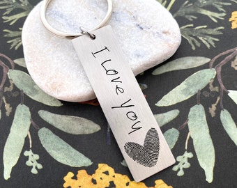 Handwriting & Heart Fingerprint Keychain - Custom Thumbprint Keychain - Engraved Mother's Day Fingerprint Keychain Gift - N1288