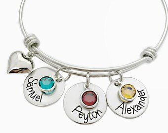 Bracelet jonc personnalisé avec nom - bijoux gravés - jonc extensible - bracelet avec nom avec pierres de naissance - famille - cadeau bijoux pour mère - 1011